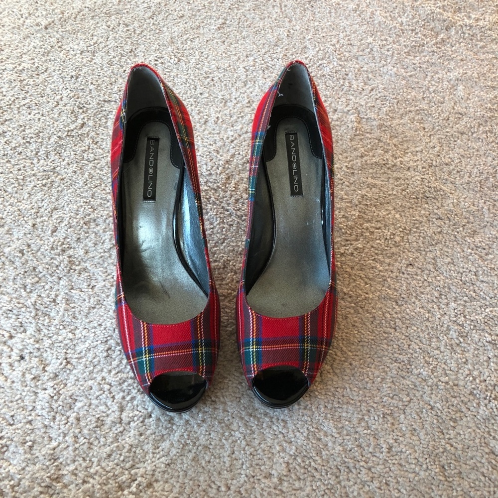 Plaid peep toe high heels. 3”